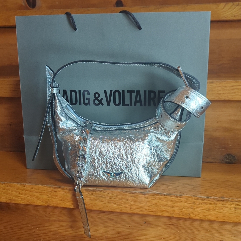 Zadig & Voltaire Silver Shoulder Bag. Le Cecilia Leather